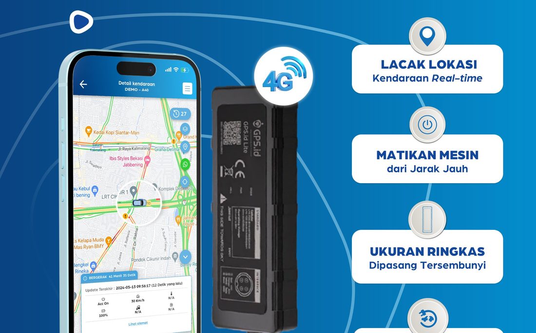 GPS tracker GPS.id Lite A40 dan tampilan aplikasi pelacakan di ponsel